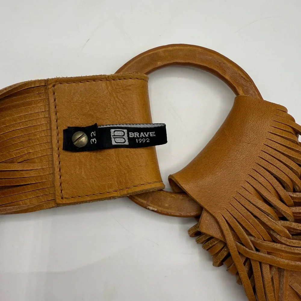 Brave Leather Tan Brown Fringe Wide Belt Size 32 Circle Buckle Boho Canada‎